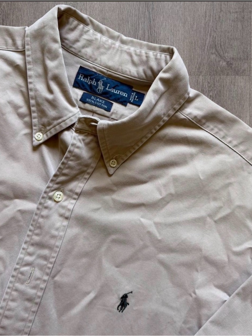 Ralph Lauren Beige Button-Down Shirt with Navy Polo Logo